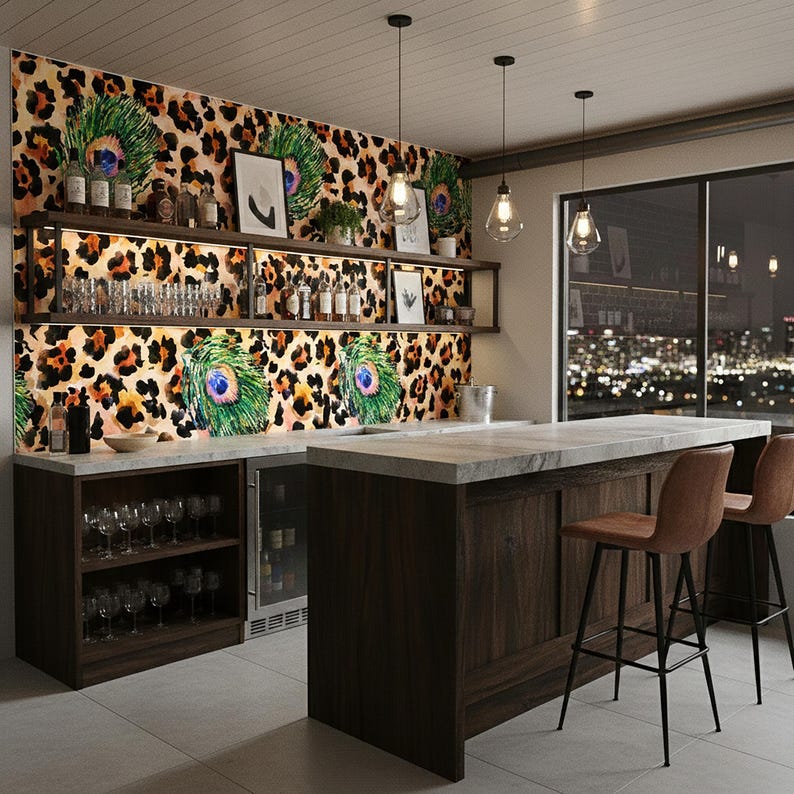 May include: A modern home bar with a leopard print and peacock feather wallpaper. The bar features dark wood cabinetry, a marble countertop, and bar stools. Shelves display bottles and framed art. The background shows a city skyline at night.