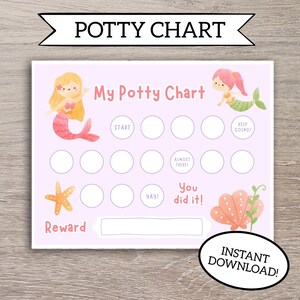 May include: A pink potty chart with mermaid illustrations and the text "POTTY CHART". The chart includes spaces for tracking progress, with encouraging phrases like "You did it!" and "Keep Going!" and the text "INSTANT DOWNLOAD!"