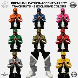 May include: Nine premium leather-accent varsity tracksuits in various colors, including orange, blue, pink, green, olive, red, gray, and yellow. Each tracksuit features a matching baseball cap and a black and white design.