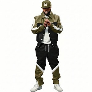 May include: A two-piece olive green and black tracksuit with white accents. The jacket has a button-up front and the pants have a drawstring waist. The outfit is completed with a green baseball cap and white sneakers.