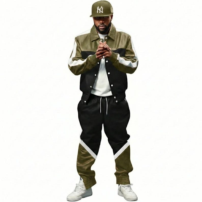 May include: A two-piece olive green and black tracksuit with white accents. The jacket has a button-up front and the pants have a drawstring waist. The outfit is completed with a green baseball cap and white sneakers.