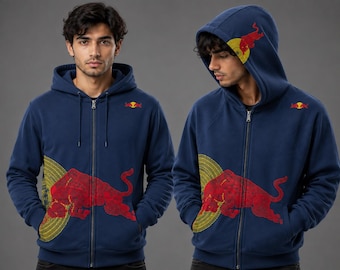 Oversize-Kapuzenjacke mit Stierstickerei und Reißverschluss, Herren-Kapuzenjacke mit Grafik und Reißverschluss
