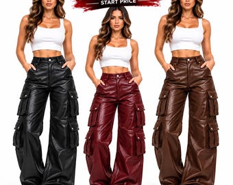 Women’s Leather Cargo Pants, High Waist Wide Leg Trousers, Genuine Leather Utility Style