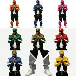 May include: A collection of tracksuits in various colors, including orange, blue, pink, green, olive, red, and yellow. Each tracksuit features a matching jacket and pants, with white accents and a baseball cap. The outfits are displayed against a white background.