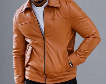 Braune Lederjacke für Herren mit weißem Hemdpaar | Slim Fit Echtleder Mantel