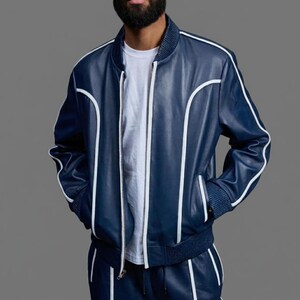 Nytt set BRAYDEN läderträningsoverall (Blå/Vit) Träningsoverall Äkta lammskinn bild 3