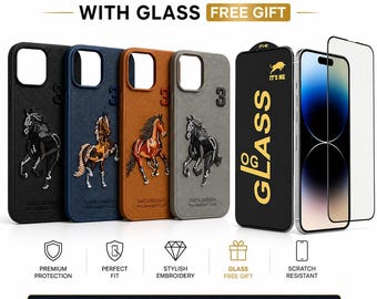 Bestickte iPhone-Hülle aus Pferdeleder | Polo-inspirierte Handyhülle (inkl. Schutzglas)