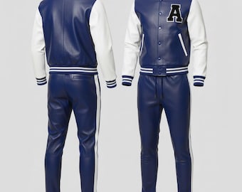 Anpassad läderträningsoverall med A-bokstäver | Personlig Letterman-jacka och -byxor