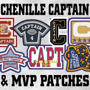 Op de afbeelding: Een verzameling chenille captain- en MVP-patches. De patches hebben verschillende ontwerpen, waaronder een voetbal, een cheerleader-megafon en de tekst "All-Star Captain 2023-2024". De patches zijn in verschillende kleuren, waaronder rood, blauw en goud.