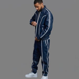 Nytt set BRAYDEN läderträningsoverall (Blå/Vit) Träningsoverall Äkta lammskinn bild 2