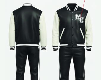Anpassa Varsity Style svart och vitt träningsoverall i äkta läder, komplett set, premiumkvalitet