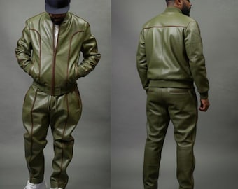 Neues Set BRAYDEN Leder Trainingsanzug (Olive Grün Braun) Sweat Suit Echtes Lammleder