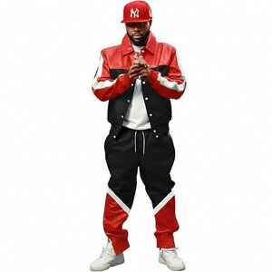 May include: A red and black varsity jacket with white accents, paired with black track pants featuring red and white details. The outfit is completed with a red baseball cap and white sneakers. The ensemble is a stylish streetwear look.