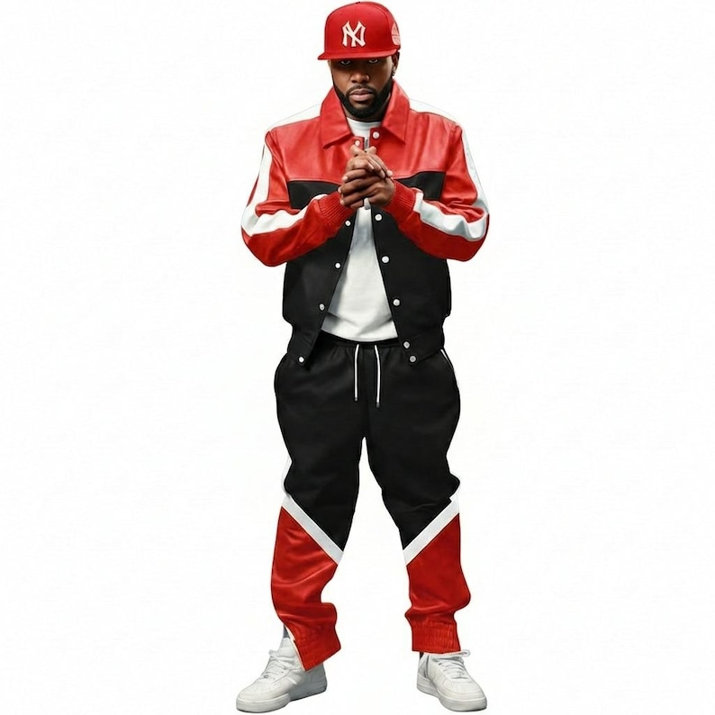 May include: A red and black varsity jacket with white accents, paired with black track pants featuring red and white details. The outfit is completed with a red baseball cap and white sneakers. The ensemble is a stylish streetwear look.