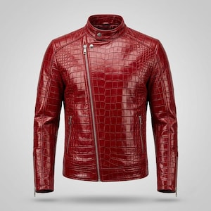 Blouson de motard en cuir rouge à motif crocodile pour homme | Confectionné à la main en cuir véritable, coupe ajustée