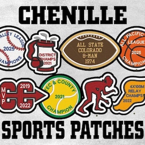 May include: A collection of chenille sports patches featuring various sports. Includes a baseball, golf clubs, a football, a basketball, a track runner, and a tennis ball. The patches have text such as "Champions" and "Relay Champs".
