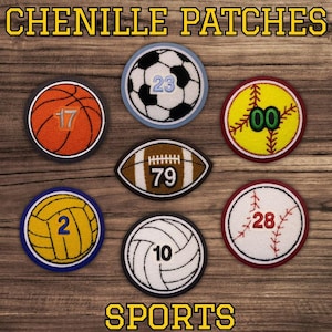 May include: Chenille patches featuring sports balls: basketball, soccer, football, softball, volleyball, and baseball. Each patch has a number. The word "SPORTS" is at the bottom, and "CHENILLE PATCHES" is at the top.