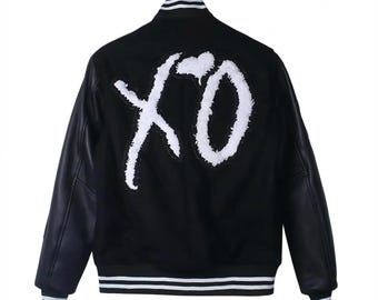 The XO Jacket Weekend Bomber Schwarz Wolle Varsity Letterman Lederärmeljacke