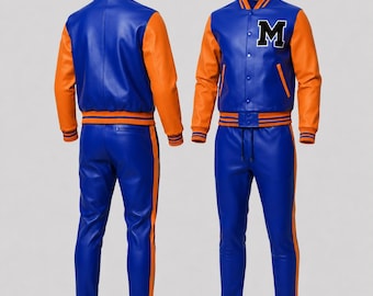 Individuell gestalteter College-Trainingsanzug aus Leder mit M-Logo | Personalisiertes Letterman-Jacken- und Hosen-Set