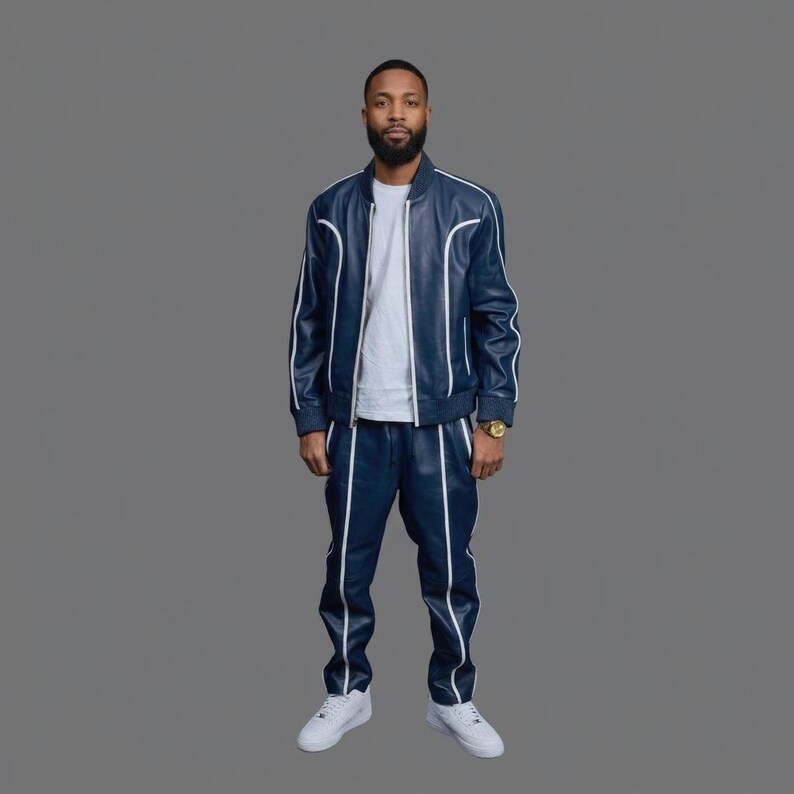 Nytt set BRAYDEN läderträningsoverall (Blå/Vit) Träningsoverall Äkta lammskinn bild 4