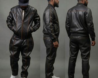 Neues Set BRAYDEN Leder Trainingsanzug (Schwarz Braun) Sweat Suit Echtes Lammleder