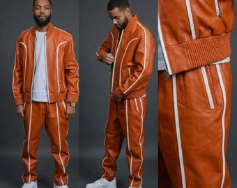 Neues Set BRAYDEN Leder Trainingsanzug (Orange Weiss) Sweat Suit Echtes Lammleder