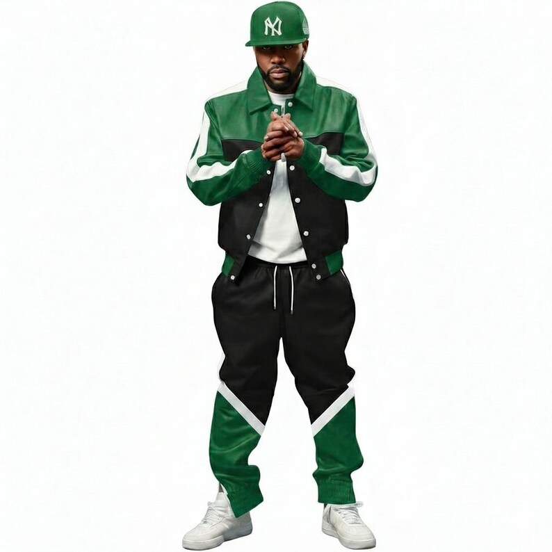 May include: A green and black jacket with white accents, paired with matching black sweatpants featuring green and white details. The outfit is completed with a green baseball cap with a white logo and white sneakers. The ensemble is a stylish streetwear look.