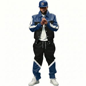 May include: A two-piece tracksuit in black, blue, and white. The jacket is blue and black with white accents, and the pants are black with blue and white details. A blue baseball cap with a logo completes the outfit.