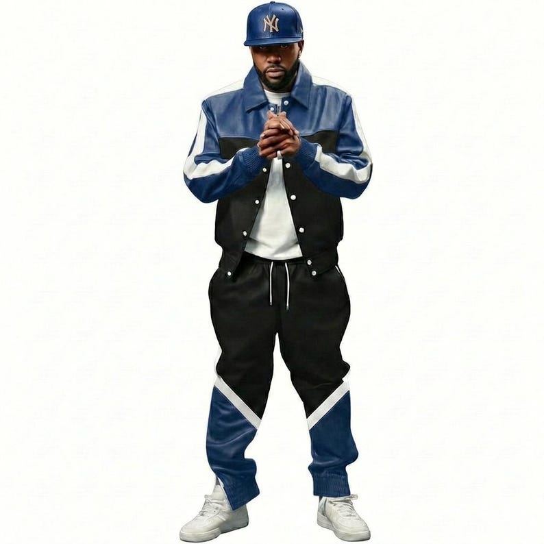 May include: A two-piece tracksuit in black, blue, and white. The jacket is blue and black with white accents, and the pants are black with blue and white details. A blue baseball cap with a logo completes the outfit.