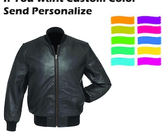 New Black Real All Leather Zipper Baseball Bomber Jacket Varsity Letterman College