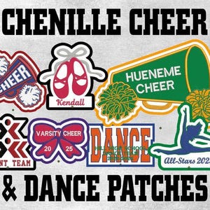 Op de afbeelding: Een verzameling chenille patches voor cheerleading en dans. De patches bevatten een megafoon, pompons, balletschoenen en een danser silhouet. Tekst bevat "CHENILLE CHEER", "STUNT TEAM", "DANCE", "VARSITY CHEER" en "All-Stars 2023".