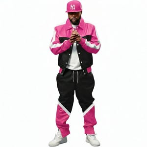 May include: A matching pink, black, and white track suit. The jacket is pink with black and white accents. The pants are black with pink and white accents. A pink baseball cap with a logo is worn.