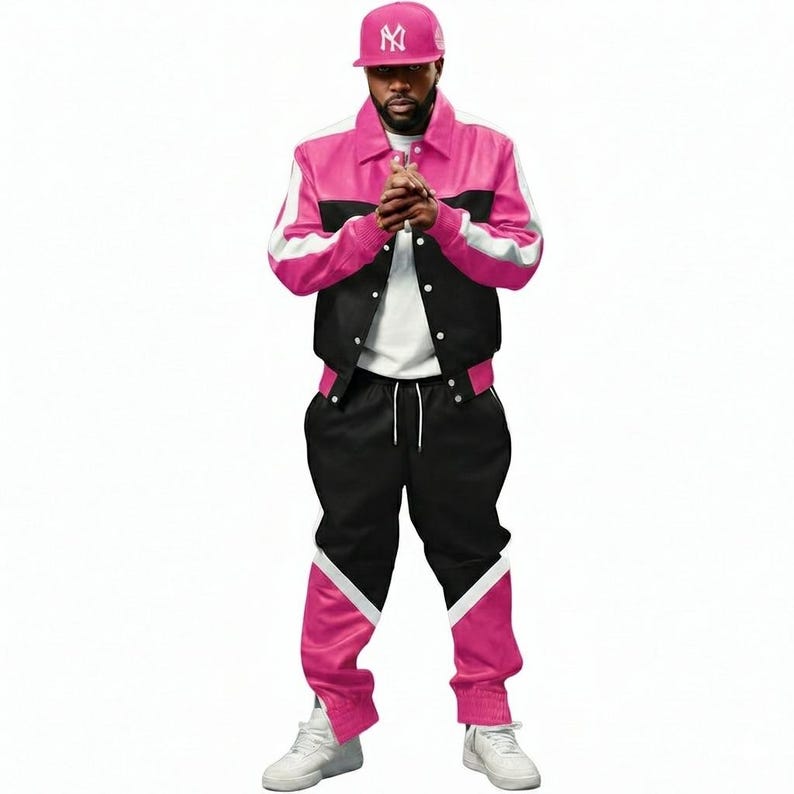May include: A matching pink, black, and white track suit. The jacket is pink with black and white accents. The pants are black with pink and white accents. A pink baseball cap with a logo is worn.