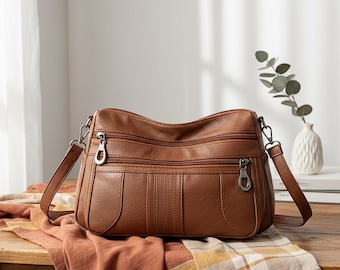 Einfarbige Leder Schulter & Crossbody Bag für Damen | Luxus Designer-inspirierte Handtasche | Lässige Henkeltasche