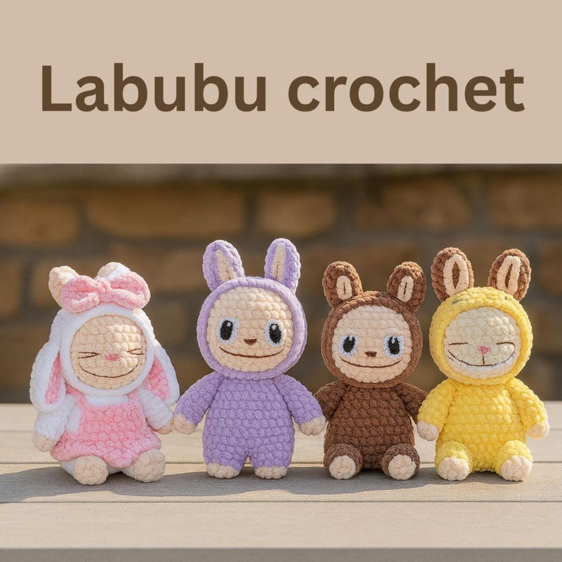 Puede incluir: Cuatro mu&ntilde;ecos de ganchillo hechos a mano en fila. Los mu&ntilde;ecos son de color rosa, morado, marr&oacute;n y amarillo. Cada mu&ntilde;eco tiene una cara sonriente y una capucha. El texto "Labubu crochet" est&aacute; en la parte superior de la imagen.