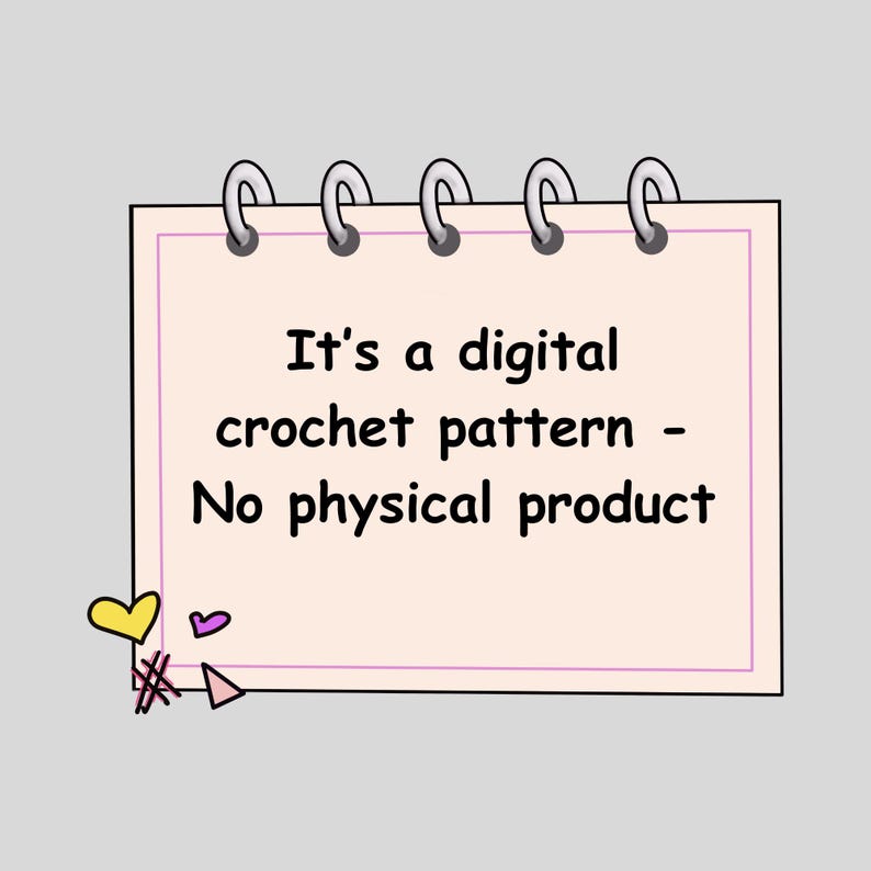 Puede incluir: Un patr&oacute;n de crochet digital, como indica el texto en un bloc de notas. El bloc de notas es de color rosa claro con un borde morado y encuadernaci&oacute;n en espiral plateada. El texto dice: "It's a digital crochet pattern - No physical product."