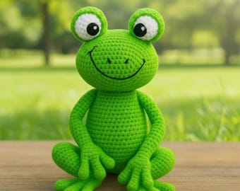 Patrón de ganchillo para rana amigurumi (pose sentada, PDF para principiantes)