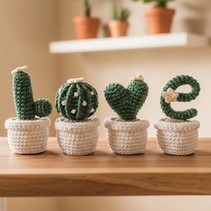 May include: A handmade crochet decoration spelling "LOVE" with cactus-shaped letters. Each letter is a different cactus design, potted in a white, textured pot. The cacti are green with white accents, sitting on a wooden surface.