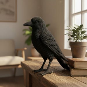 May include: A black crow sculpture with detailed feather texture stands on a wooden table. The crow has a sharp beak and is positioned near a potted plant and books. The sculpture is a decorative item.