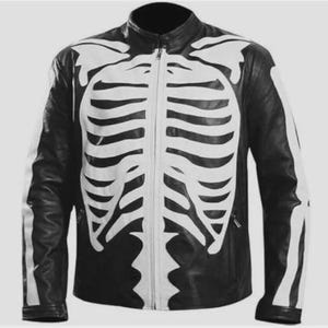May include: Black leather jacket with a white skeleton rib cage design. The jacket has a zipper closure and a stand-up collar. The skeleton design extends to the sleeves. A unique and edgy outerwear piece.
