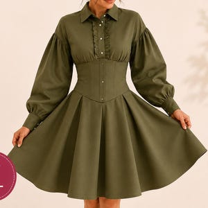 May include: An olive green long-sleeve dress featuring a button-down front with a ruffled placket, a structured corset-style waist panel, and a flared skirt. The LearnSewingHub logo is visible at the top, and a size range of XS to 5XL is shown.