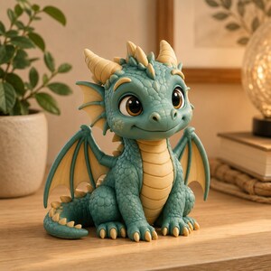 May include: A small, seated dragon figurine featuring a teal-colored body with textured scales, large dark eyes, and a smiling expression. The creature has cream-colored horns, wing membranes, and a segmented underbelly, with a long, curved tail.