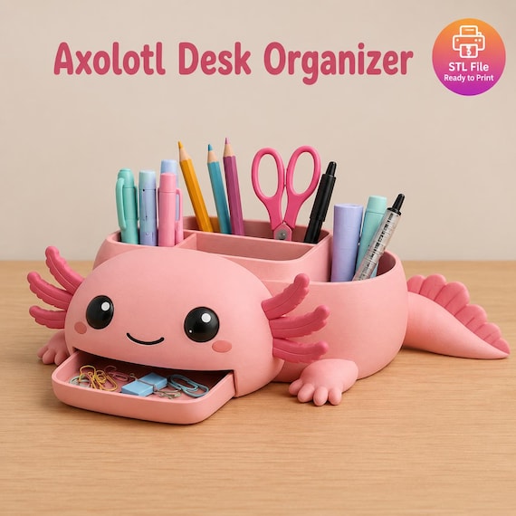 Axolotl Desk Organizer STL File | Cute Animal Pen Holder 3D Model | Textured Axolotl Pencil Holder | 3D Printable Desk Decor | Digital Print