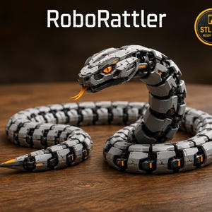 Könnte beinhalten: Eine mechanische Schlangenfigur mit dem Titel RoboRattler, bestehend aus segmentierten hellgrauen Panzerplatten mit dunkelgrauen Akzenten, leuchtend orangefarbenen Augen und einer herausragenden orangefarbenen Zunge. Ein rundes Abzeichen zeigt STL FILE READY TO PRINT.