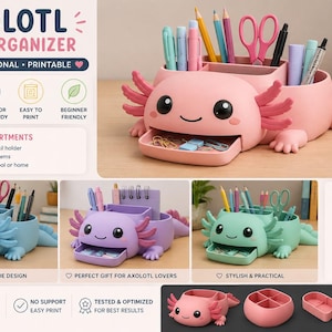 May include: A pink axolotl-shaped desk organizer featuring a multi-compartment design for pens, pencils, and small office supplies. The organizer includes a pull-out front tray, a wide back storage section, and a detachable tail, shown in various colors.