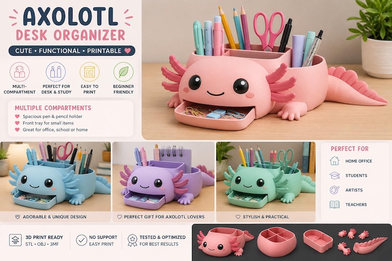May include: A pink axolotl-shaped desk organizer featuring a multi-compartment design for pens, pencils, and small office supplies. The organizer includes a pull-out front tray, a wide back storage section, and a detachable tail, shown in various colors.
