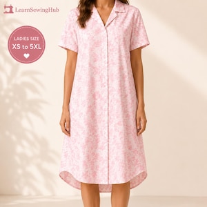May include: A knee-length shirt dress featuring a light pink and white floral pattern, short sleeves, a collared neckline, and a button-down front. The text LearnSewingHub and LADIES SIZE XS to 5XL with a heart icon are visible in the corner.