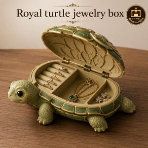Può includere: Un portagioie a forma di tartaruga verde e oro con coperchio incernierato aperto. L'interno presenta un supporto per quattro anelli e uno scomparto contenente una collana a catena dorata con pendente verde e piccoli orecchini a fiore.