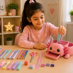 May include: A pink axolotl-shaped desk organizer with a pull-out drawer and multiple compartments for stationery. The set includes various colored pens, pencils, highlighters, a pair of scissors, a ruler, an eraser, and three metal binder clips.