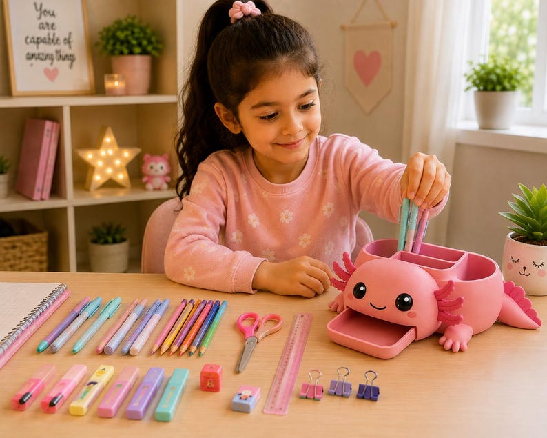 May include: A pink axolotl-shaped desk organizer with a pull-out drawer and multiple compartments for stationery. The set includes various colored pens, pencils, highlighters, a pair of scissors, a ruler, an eraser, and three metal binder clips.